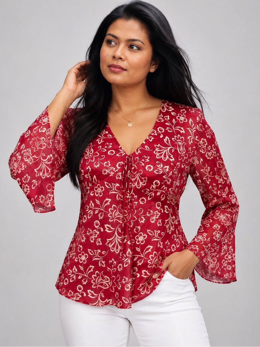 INC International Concepts Silk Blouse Flare Sleeve Red Floral V-Neck 8